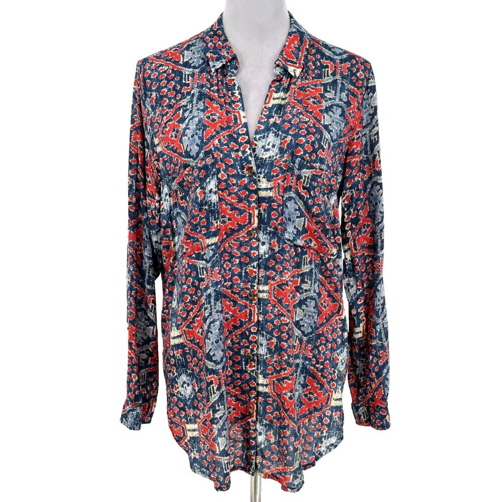 Pilcro Top Womens Medium Red Blue Ikat Lightweight Cotton Blouse Anthropologie - Picture 16 of 16